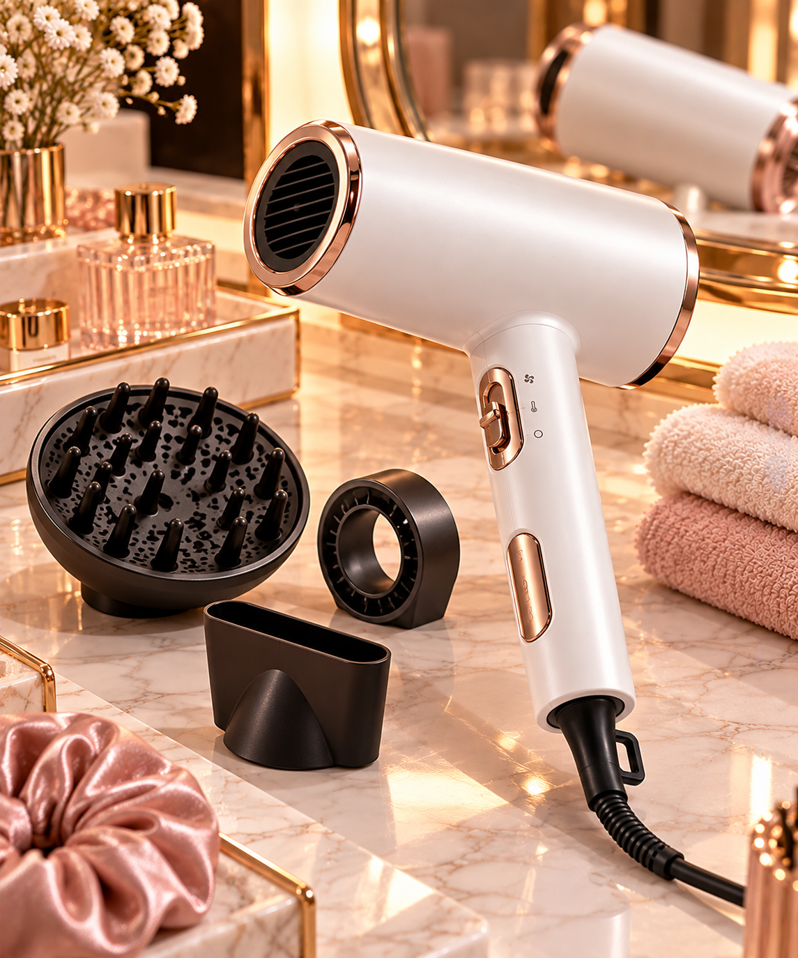 Sèche-cheveux blanc avec accessoires